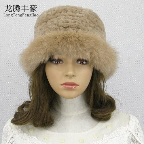 Elegant Fedoras Hats for Women Natural Rex Rabbit Fur Knitted Vintage Winter Woman Hats Real Fox Fur Hat Brim Hats & Caps