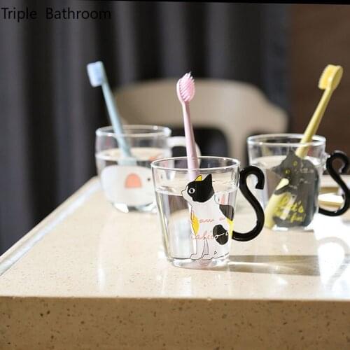 Korean Style Cute Cat and Elephant Pattern Glass Mouth Cup Home Kitchen Bathroom Supplies Drink Water Milk Cup with Handle Gifts