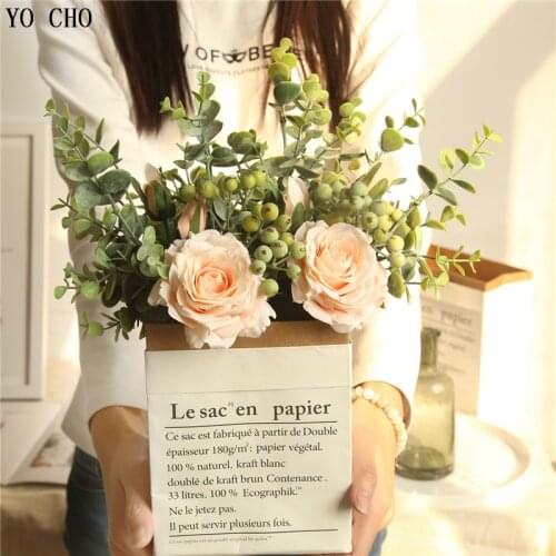 YO CHO 1 Bouquet Artificial Silk Rose Green Eucylaptus Leaves Fake Flower and Leaves Home Wedding Party Vase Decor Small Bouquet