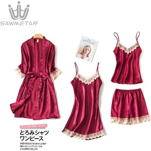 Women Pajamas 4 Pieces Sets Summer Satin Sleepwear Silk Home Wear Home Clothing Embroidery Sleep Lounge Nightwears For Lady