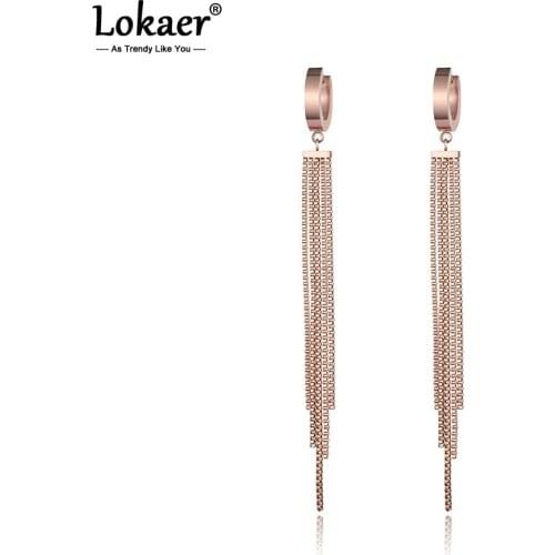 Lokaer New Arrive Rose Gold Color Long Tassel Titanium Steel Womens Earrings Party Gift E170690366R