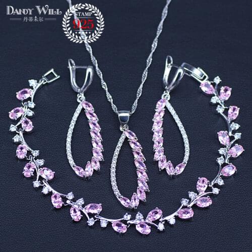 Princess Marquise Silver Color Jewelry Pink CZ Jewelry Sets For Women Wedding Accessories Earrings/Pendant/Bracelet/Necklace Set