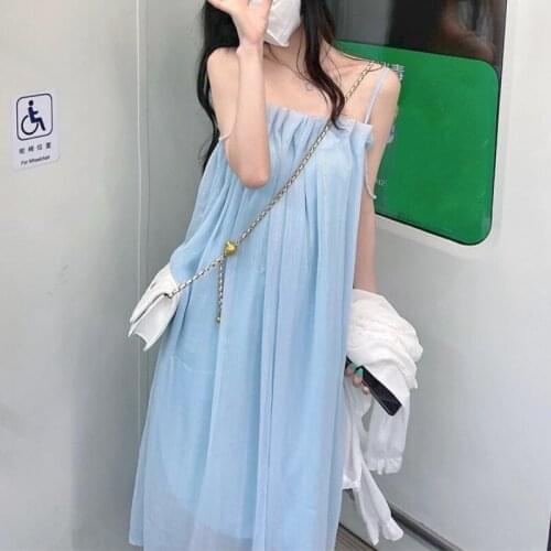 2021 Sexy Beach Elegant Fairy Dress Women Blue Casual Evening Party Midi Dresses Korean Fashion Spaghetti Strap Sundress Summer