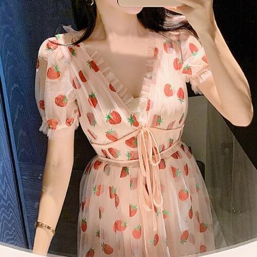 Strawberry Print Long Dress Women 2021 Summer Short Sleeve Ruffles Pink Mesh Dresses Plus Size Elegant Party dress vestidos
