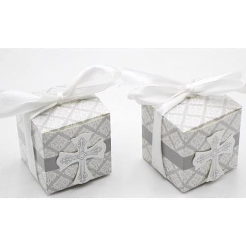 50pcs/lot First Communion paper candy box, baby shower wedding party Gift pack, wedding party cross candy box with ribbons