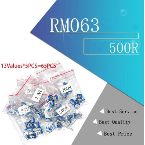 65PCS RM063 Trimmer Potentiometer Adjustable Resistor Kit 500R 1K 5K 10K 20K 50K 100K 200K 500K 1M RM-063 Variable Resistors