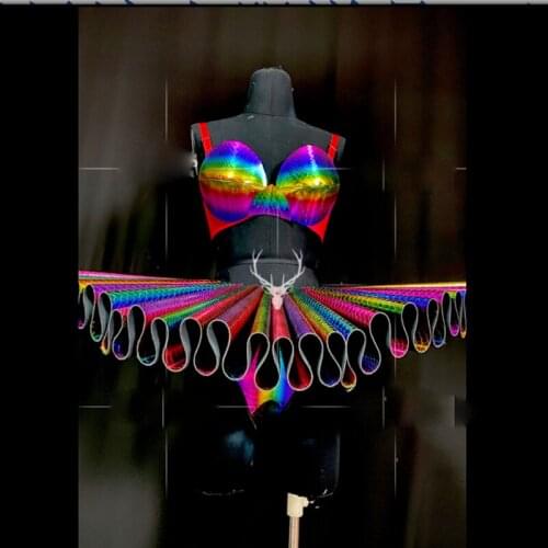 Bar business performance Christmas New Years Eve leather gogo show outfit Women party Rainbow laser costume stage dance wear