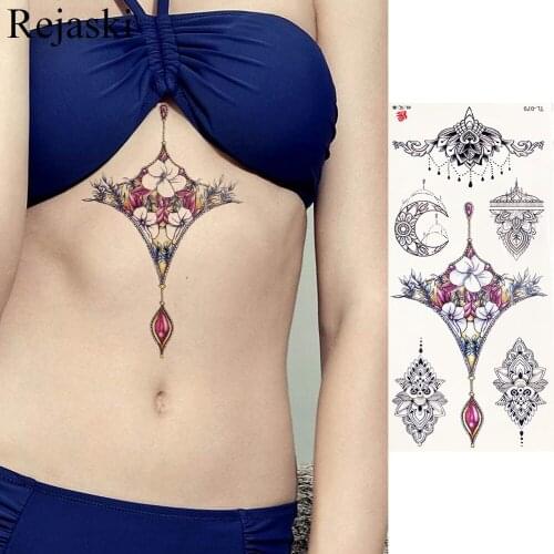 19x9CM Under Breast Bracelet Temporary Tattoo Stickers Girls Body Chest Art Pendants Fake Tattoo Women Waist Chains Tatoos Jewel