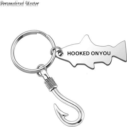 Personalized Master Custom Text Hooked On You Keychain DIY Keyring Stainless Steel Fish Hook Charm Fishing Key Chain Lover Gift
