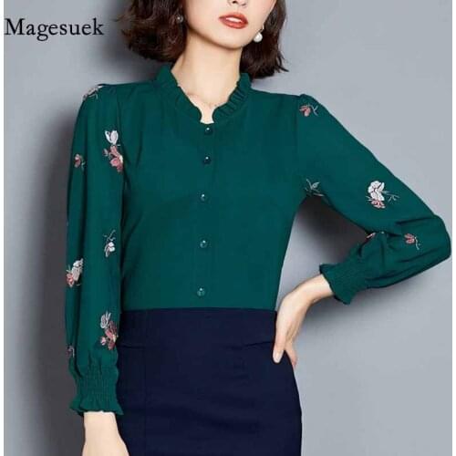 Elegant Stand Collar Women Clothing 2020 Women Blouses Plus Size Embroidery Flowers Shirt Long Sleeve Chiffon Ladies Top 2640 50