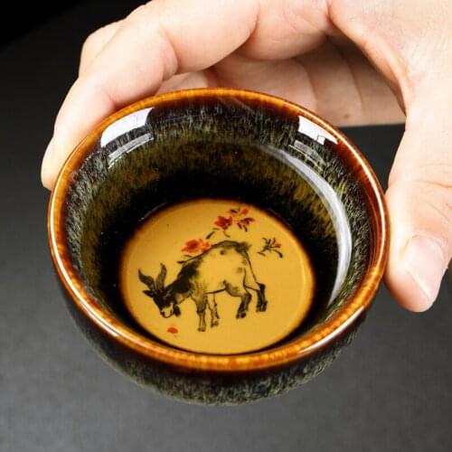 Ceramic Temmoku Glaze Hand Painted Office Teacups Porcelain Kung Fu Master Tea Cup Creative 12 Zodiac Pattern Tea Bowl Drinkware