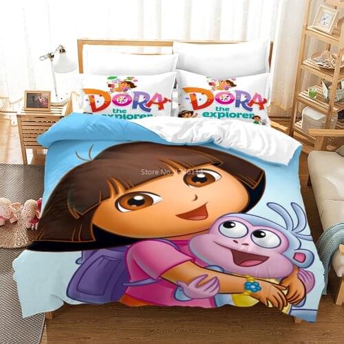 2/3Pcs Duvet Cover Pillowcase Set Cute Little Girl Dora Monkey Printed Cartoon Bedding Set for Kids Twin Full Queen King Size