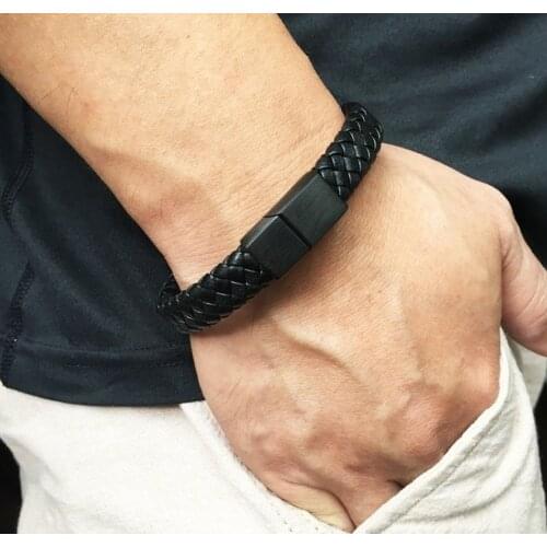 Simple Style Mens Hand-Woven Leather Bracelet Black High-Quality Metal Buckle Mens Wristband Gift