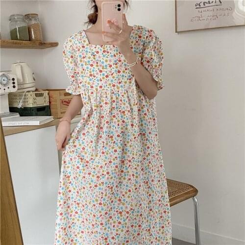 Square Collar Summer Nightgown Women Loose Long Midi Sleepwear Elegant Casual Cotton Floral Print Korean Short Sleeve Homewear