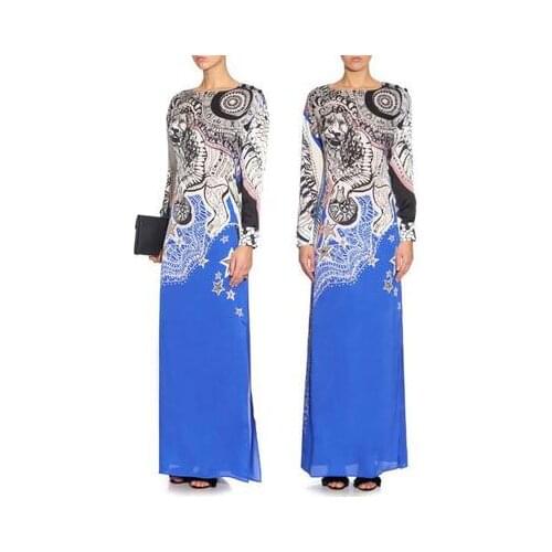 European new Bohemia extended elastic thin blue print beautiful dress