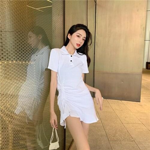 New Summer Women Dresses Casual Short Sleeve Polo Collar All-match Plus Size Slim Bodycon Dress Female Solid Mini Cotton Dress