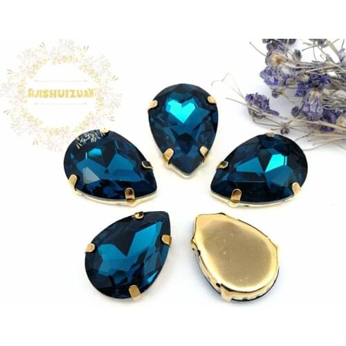 Peacock blue Water drop shape Glass Crystal sew on rhinestones with GOLD four claw Diy Clothing accessories Free shipping