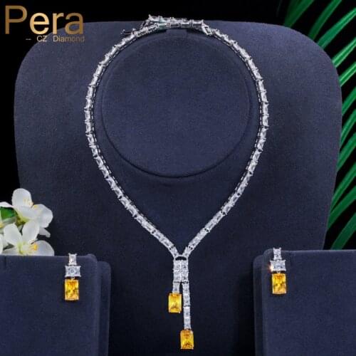 Pera African Women Square Cut Yellow Cubic Zirconia Shiny Long Necklace Pendant and Earring for Wedding Costume Jewelry Set J297