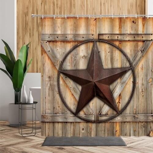 Retro Wooden Door Shower Curtain Nostalgic Wood Grain Fivepointed Star Home Decoration Hanging Cloth Waterproof Bathroom Curtain