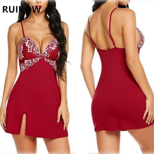 RUIKOW New Style Lingerie Women Lace Babydoll Female Nightdress Sleepwear Set Opening Leg Underwear Plus Size Back Hollow Dress