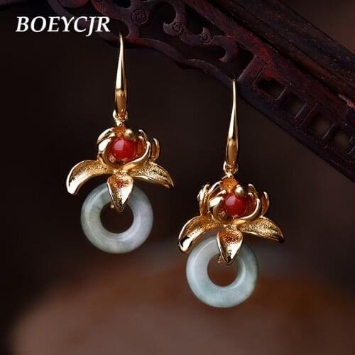 BOEYCJR Ethnic Gold Color Flower Stone Drop Earrings Handmade Jewelry Hook Earrings Dangle Earrings for Women Gift