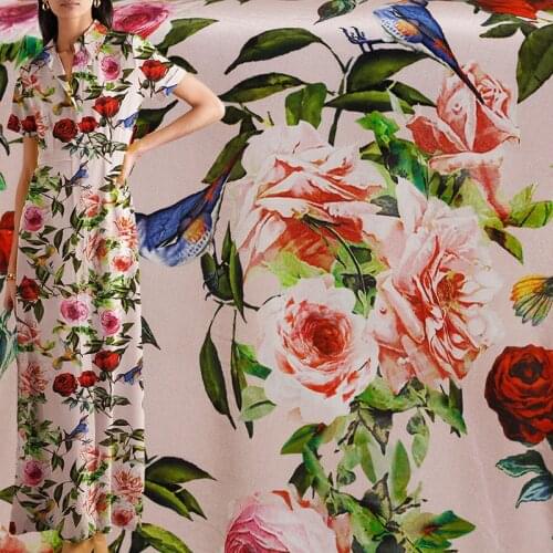 Red Raspberry 12momme Rose Birds Printed Silk Crepe de chine 100%Silk Women Dress Shirt Cloth Tailor Textile Freeshipping
