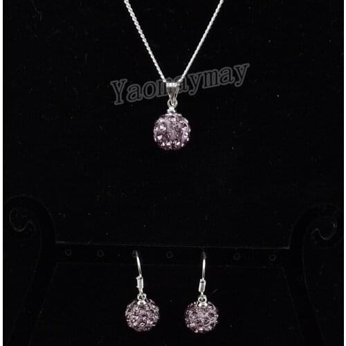 Light Purple Disco Ball Pendant Earrings And Necklace Crystal Jewellery Set 10 Sets Wholesale