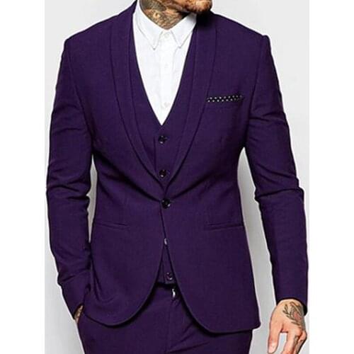 High Quality One Button Dark Purple Groom Tuxedos Shawl Lapel Groomsmen Mens Wedding Prom Suits (Jacket+Pants+Vest+Tie) NO:79