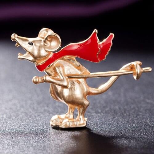 Zlxgirl Jewelry Enamel Mouse Scarf With Crutch shape Brooch Corsage Gold Color Retro Animal Brooches New Years Gifts Bag pins