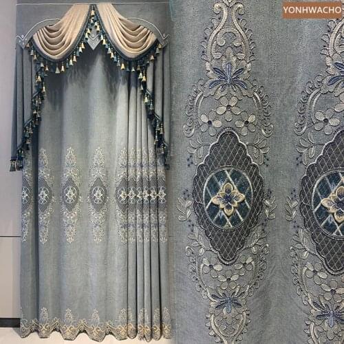 Custom curtain Luxury gray European chenille water-soluble embroidery cloth blackout curtain valance tulle drape C821