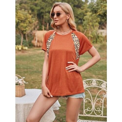 2021 Summer New T Shirt Fashion Top Short Sleeve Round Neck Woman Tshirts Leopard Print Patchwork Ladies Tops And Tees Casual