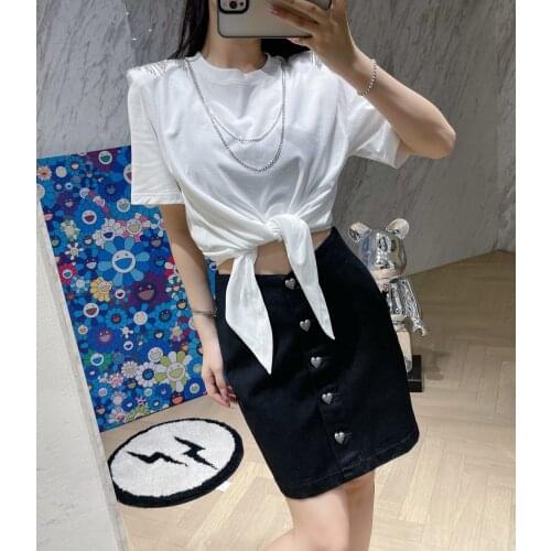 Summer New 2021SS Women High Quality Shoulder Padded Diamonds Tassel Casual T-Shirt Ladies Chic Tee Tops 2 Color Gdnz 5.21