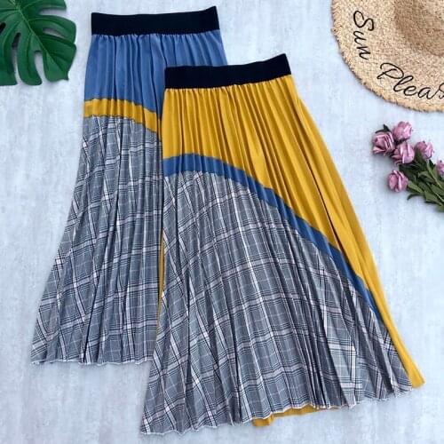 Autumn Winter Womens Skirts Pleated Skirts Patchwork Midi Skirts Stretched Plaid Long Skirts Cotton Skirts Womens Jupe Femme