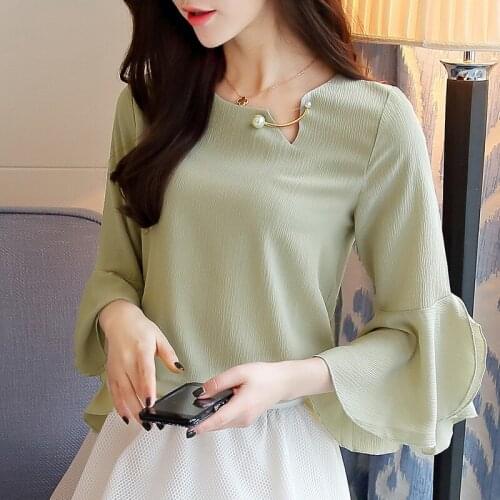 Women Blouses 2019 Elegant Fashion Chiffon Shirts Ladies Solid O-Neck Flare Sleeve Blusas Feminina Casual Pink Tops 1305 40