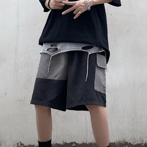 Harajuku Streetwear Black And Gray Color Matching Retro Shorts Women Summer Casual Fashion Loose Asymmetrical Oversized Shorts