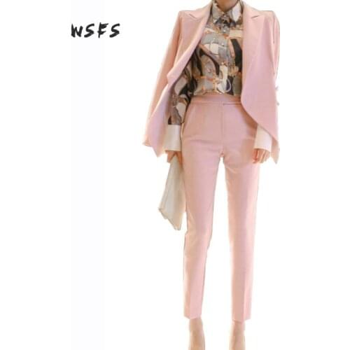 Wsfs Two Pieces Set Autumn Business Pink Formal Suits Jackets For Women Work Office Long Sleeve Bandage Nine Pants 2017 Vestidos