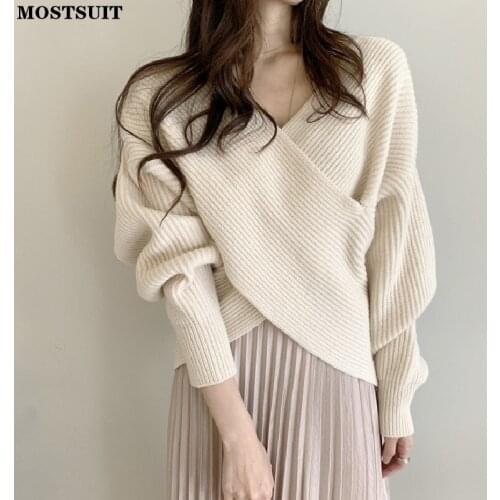Criss-cross V-neck Knitted Pullover Sweater Women Lantern Sleeve Solid Loose Tops Elegant Vintage Ladies Jumpers 2021 Winter