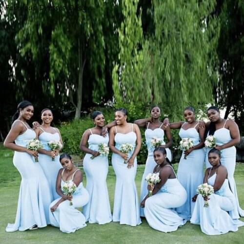 Light Blue Mermaid Long Bridesmaid Dresses 2020 Spaghetti Strap African Nigeria Party Wedding Guest Dress Gown Vestidos