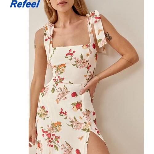 White Floral Tied Braces Long Dress Women Elastic Waist Square Collar Summer Dress Split Backless Party Dresses