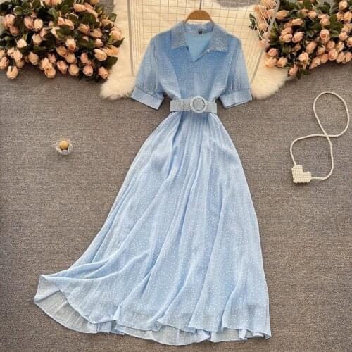 Womens Summer Dresses 2021 Design New Short Sleeve Turn-down Collar Ploka Dot Dress Slimming Waist Casual Pleated Vestidos