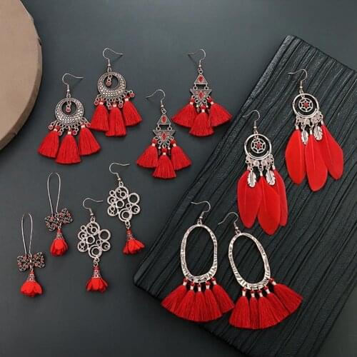 1 Pair Bohemian Red Dangle Earrings for Women Handmade Tassel Drop Earrings Hook earing women Jewelry boucle oreille femme