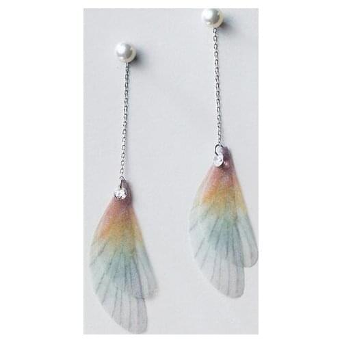 100% Real. 925 Sterling Silver Jewelry Bird Feather Wings angel Long Earrings With Clear CZ &Shell pearl GTLE1605