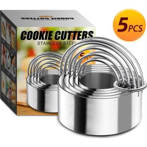 5 Pcs Round Cookies Cutter Set Circle Pastry Cutters Stainless Steel Biscuit Cutter With Handle Professional Cookies Cutter Tool