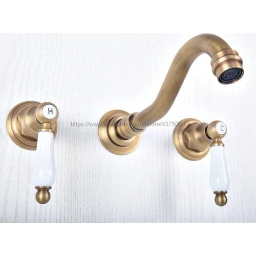 Antique Brass Bathroom Basin Sink Mix Tap Dual Handles Wall Mounted Kitchen Basin Sink Mixer Faucet Nsf509