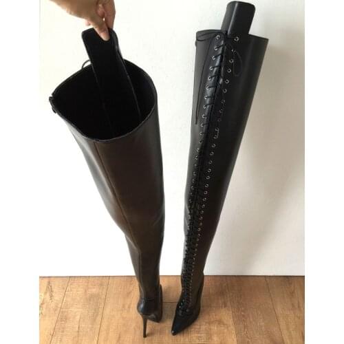 Plus Size 44, 45,46 Fetish Lace Up Matt PU Thigh High Heel Boots Women Over The Knee Ponted Toe Thigh High Boots Black Thin Heel