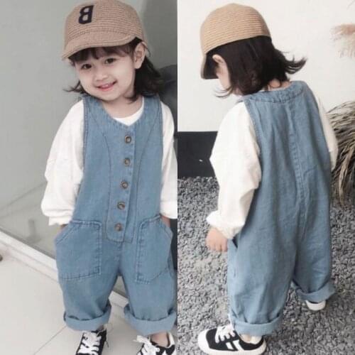 Childrens Denim Jumpsuit 2021 Autumn New Baby Boys And Girls Casual Single-breasted Jeans Overalls 3-8 Y Kids Fashion Pants