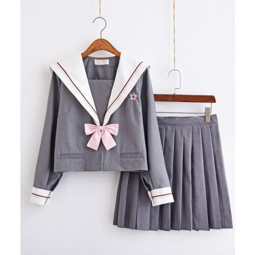 Women Grey Embroidery JK High School Uniforms Set Girls Japanese Preppy Style Sailor Suit Short Top High Waist Pleated SKirt