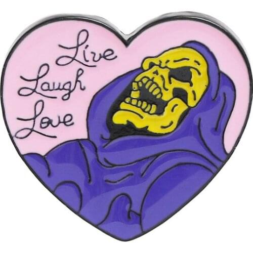 Live Laugh Love Enamel Pin Heart Shape Skeleton Badge Brooch Lapel Pin for Denim Jeans Shirt Bag Gothic Jewelry Gift for Friend