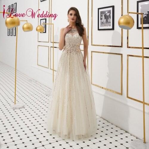 ILoveWedding New Arrival Heavy Beading Sleeves A Line Prom Dress Keyhole Back Floor Length Prom Long Elegant Dresses