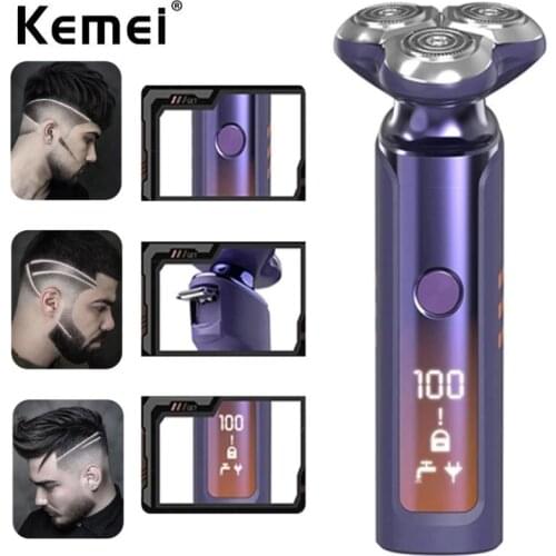 Kemei KM-1941 USB Charging LCD Display Electric Shaver Level 6 Waterproof Mens Face Shaver Triple Rotating Electric Shaver